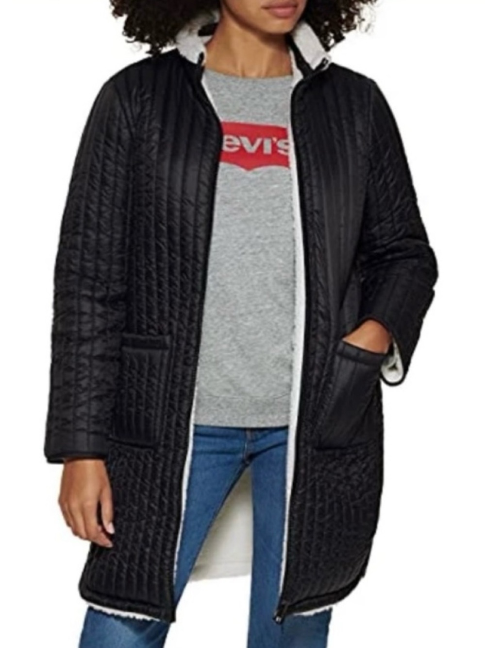 Levi's Coat Expedition Quilted Long Puffer Faux Fur Reversible Black Large